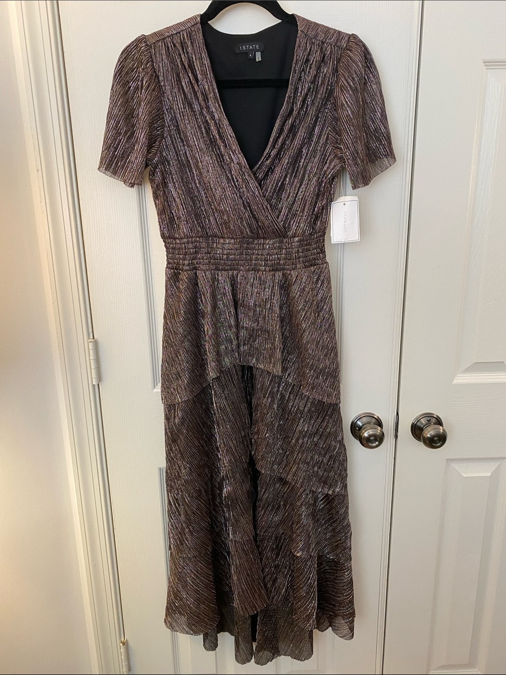 NWT 1. State Bronze-Tone Metallic Wrap High-Low Dress
